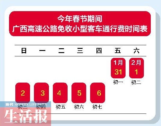 今年春节期间广西高速公路免收小型客车通行费时间表