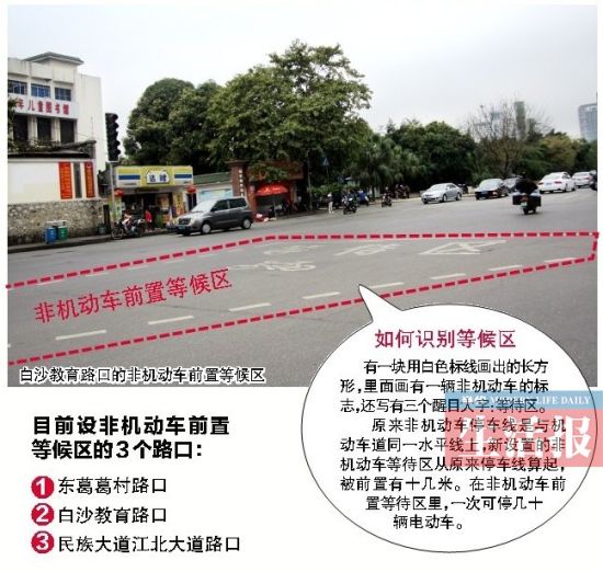 南宁交警在市区3路口设置非机动车前置等待区。