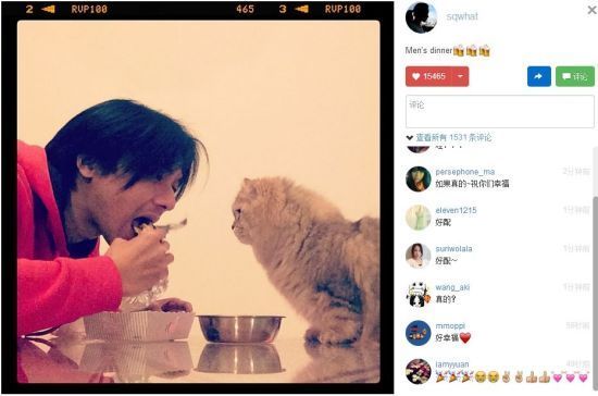 舒淇晒冯德伦与爱猫一起吃饭的照片
