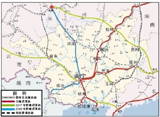 广西“市市通高铁”建设示意图。